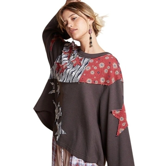 POL Tops - POL PATCHWORK WAFFLE KNIT STAR TOP